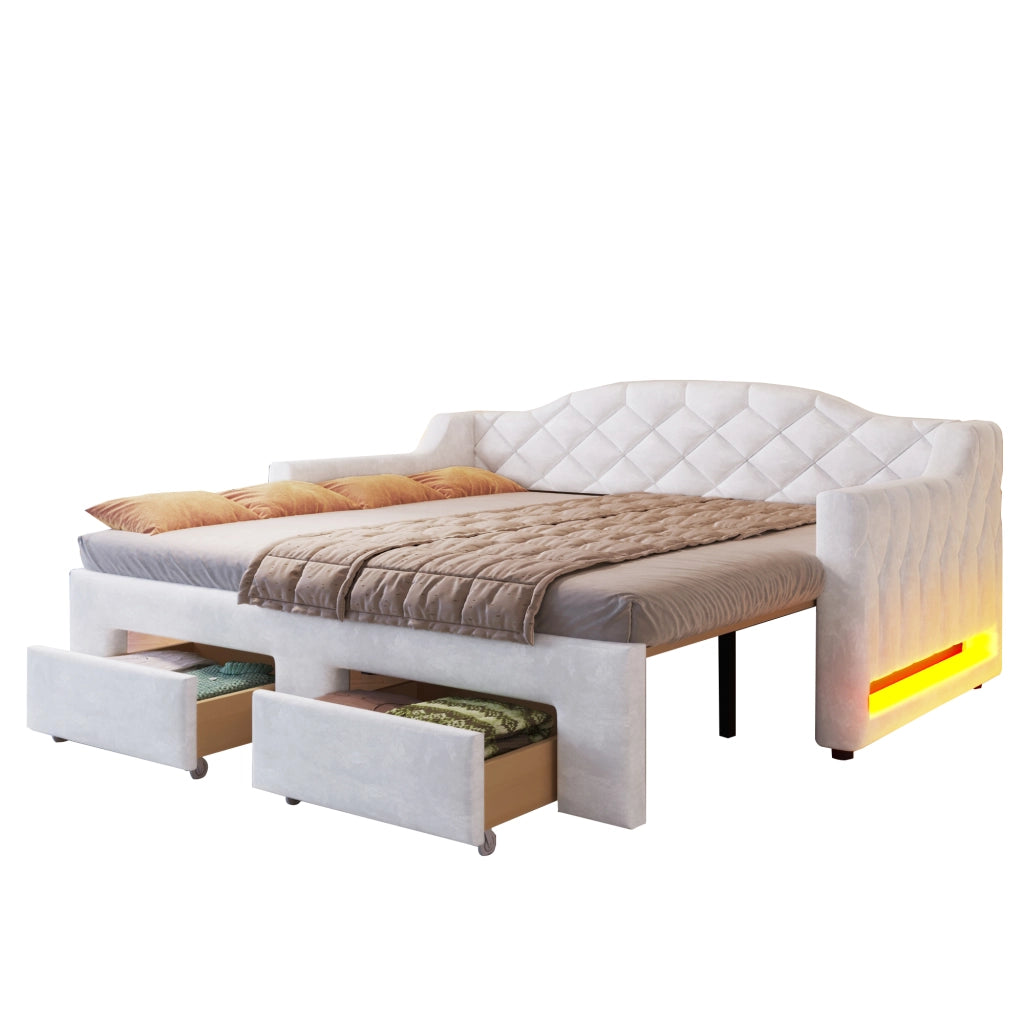 Letto estraibile 90 × 200 cm fino a 180 × 200 cm con 2 cassetti, LED regolabile, senza materasso, bianco