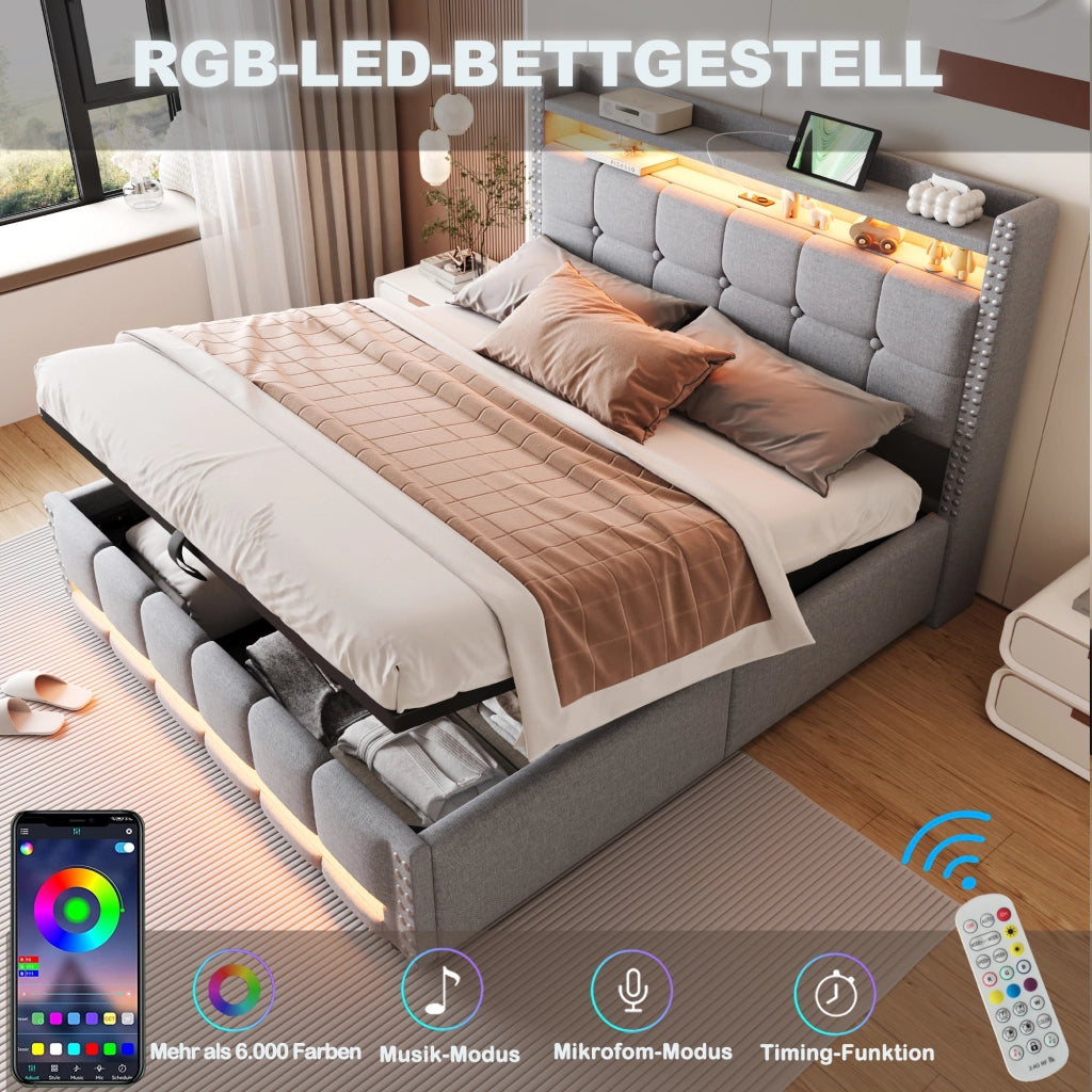 Letto Matrimoniale 160x200 cm; 2 Posti - USB; LED; Contenitore; Ripiani; Tessuto Grigio Chiaro