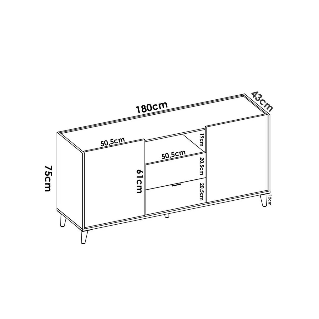 Credenza Asa, Buffet da soggiorno, Madia da salotto moderna a 2 ante, 155x43h75 cm, Bianco e Rovere