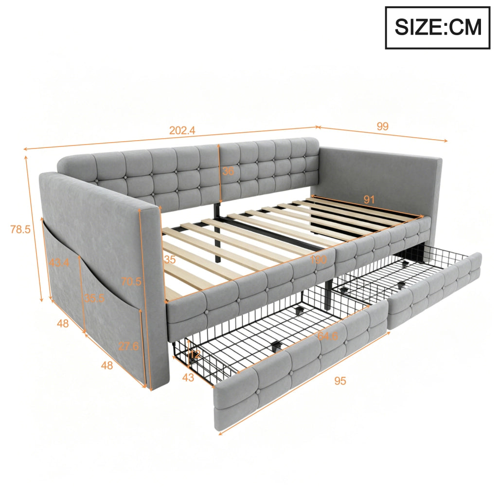 Letto imbottito 90x190 cm con contenitore e tasche in velluto grigio chiaro