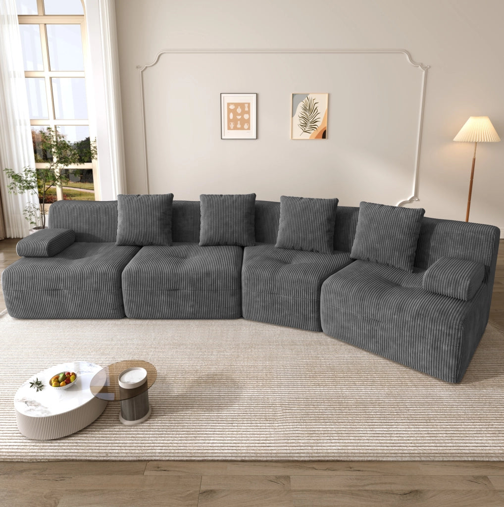 Divano modulare 4 posti in tessuto corduroy grigio scuro; 311 x 90 x 65 cm