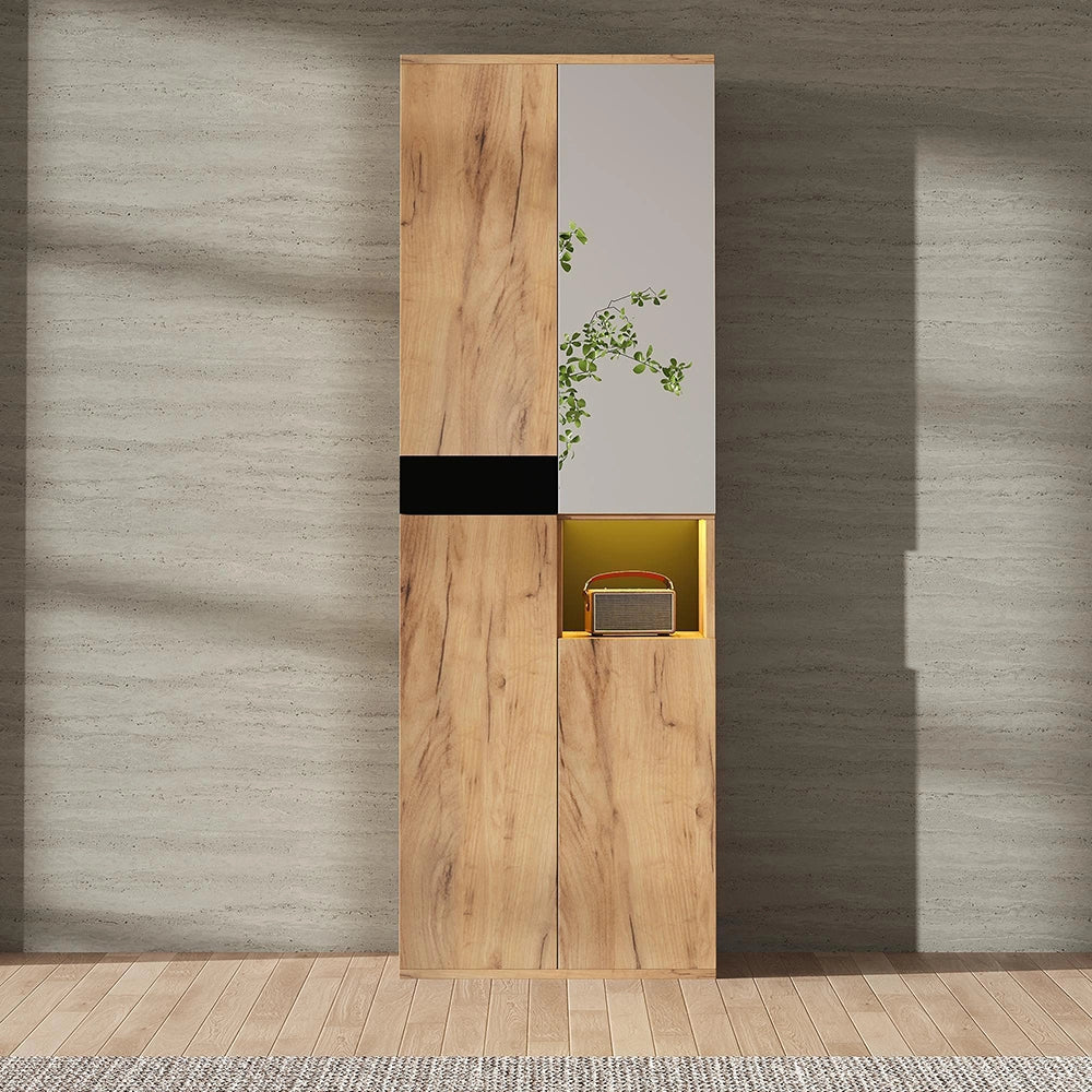 Armadio Alto con Specchio 65x35x190cm - Xylo - 4 Ante, Nero e Colore Naturale