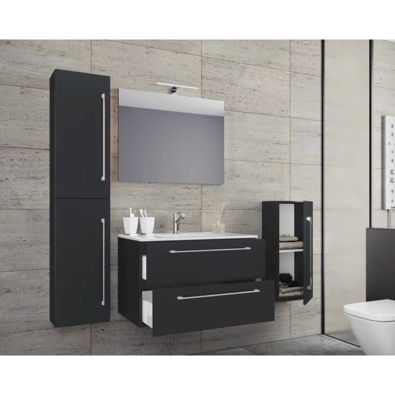 Completo Set bagno 5 pz Mobile sosp 2 casetti con Lavabo XL in ceramica incl 1 Colonna 1 mobile sosp e specchio, Nero