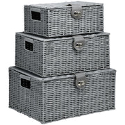 Set di 3 Cesti in Vimini PP con Coperchio di Diverse Dimensioni, Grigio