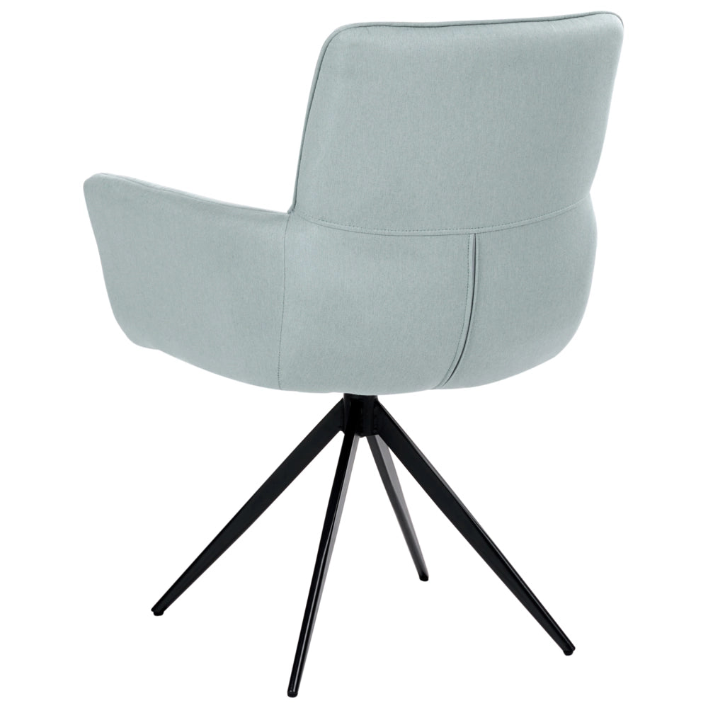 Sedia da pranzo Mint con rivestimento in poliestere, gambe in ferro nero, braccioli e base girevole stile moderno per la sala da pranzo.