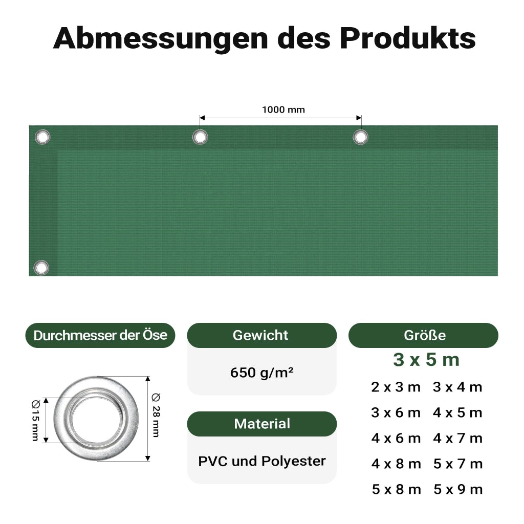Telone occhiellato verde 3 x 5 m resistente alle intemperie e a raggi UV, impermeabile, robusto telo di protezione in poliestere 650 g/m² con rivestimento in PVC