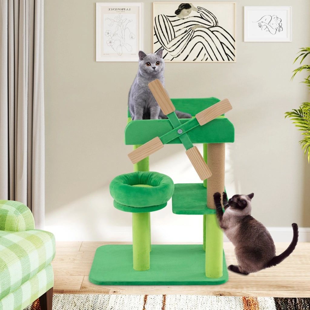 Albero per gatti da 60cm con mulino a vento e imbottitura rotonda, Torre per gatti a pi¨´ livelli con tiragraffi-Alberi Tiragraffi