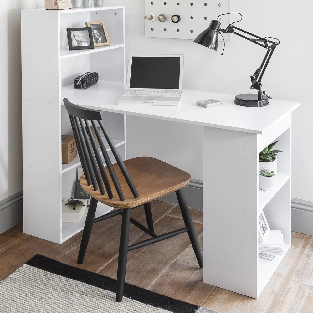 Scrivania con Doppia Libreria Laterale Porta PC in Legno Nobilitato Casa Ufficio Bianco
