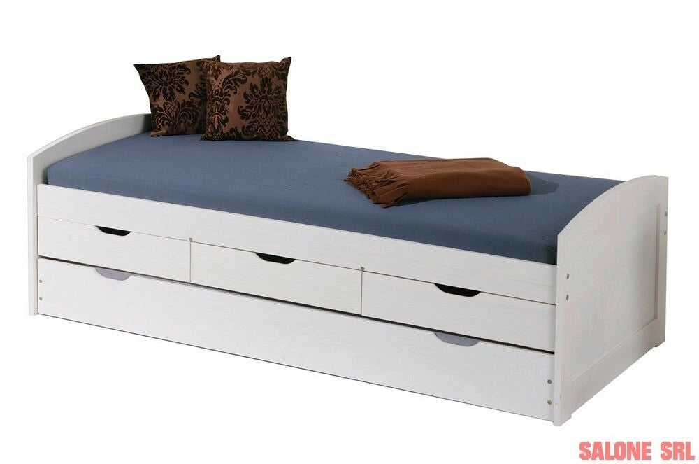 LETTO ULLI + CASSETTI CONTENITORE E SECONDO LETTO INFERIORE 98x205x63H PINO MASSELLO VERNICIATO AD ACQUA BIANCO