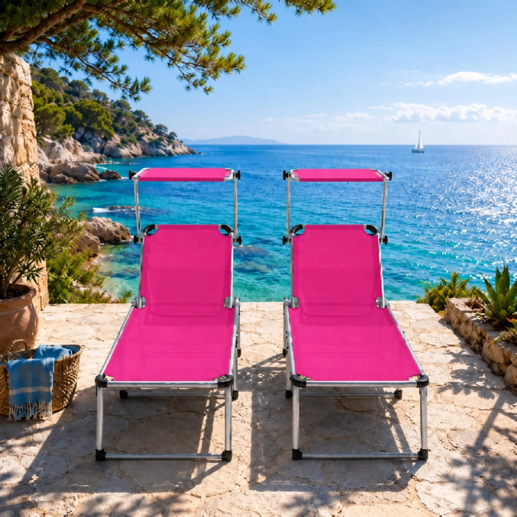 Prendisole Coppia Di Lettini Pieghevole Tettuccio Parasole Schienale Reclinabile Regolabile 6 Posizioni Struttura In Alluminio Sedia Sdraio Spiaggia Mare Giardino Piscina 187 x 59 x 29 Cm Rosa