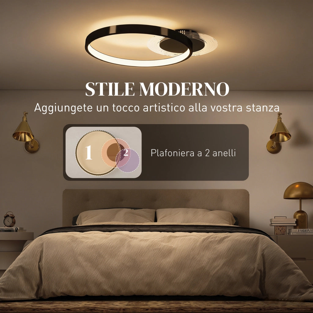 Plafoniera LED Moderna a 2 Anelli con Temperatura Colore Regolabile, Potenza 30W, Nero