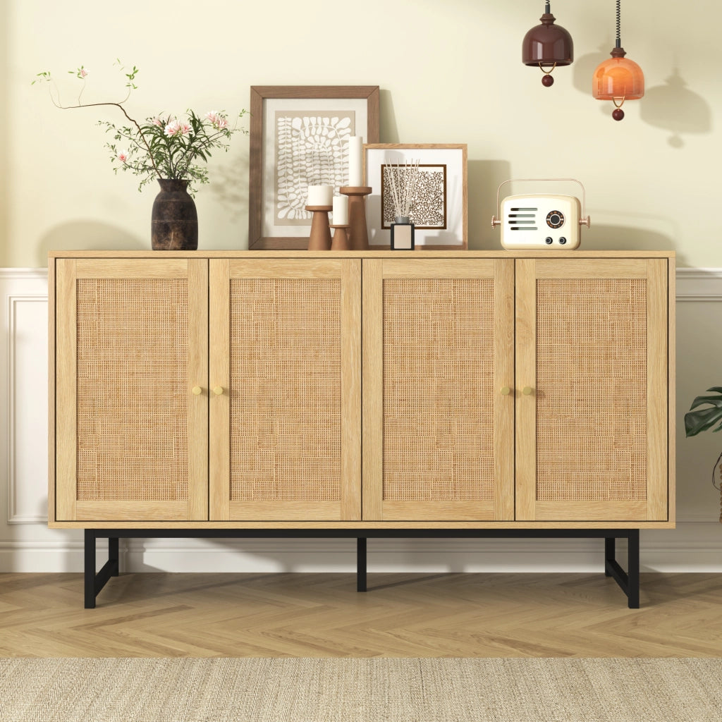 Madia con 4 Ante e Ripiani Regolabili; Rattan Naturale; Stile Moderno; in Pannello Truciolare; 140??39;5??80 cm; Legno