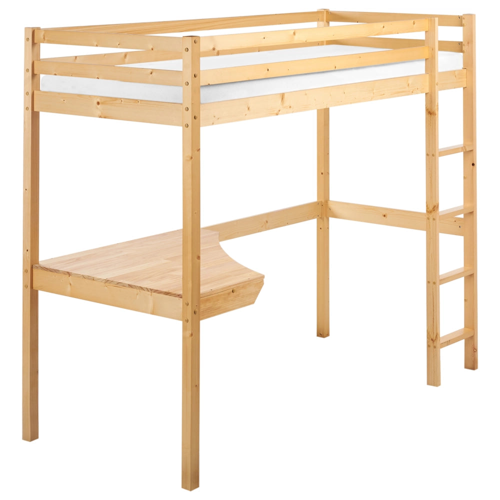 Letto singolo a soppalco in marrone chiaro 90 x 200 cm con telaio e contenitore con scrivania cameretta bambini