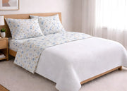 Completo Lenzuola Letto In 100% Cotone Made Italy Disegno Primavera - Piazza E Mezza - Azzurro