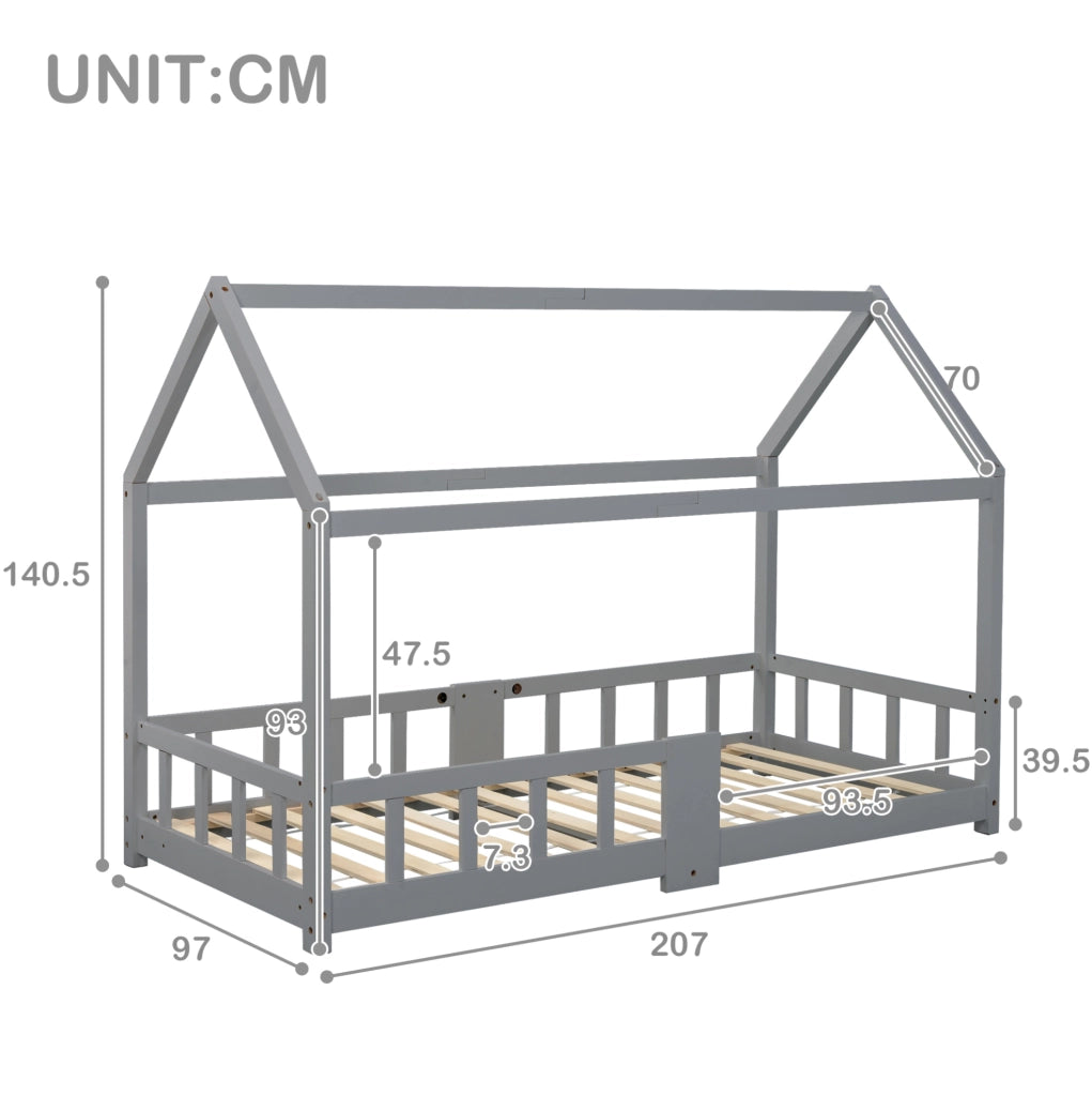 Letto a casetta per bambini 90x200 cm con lavagna e protezione anticaduta; legno grigio