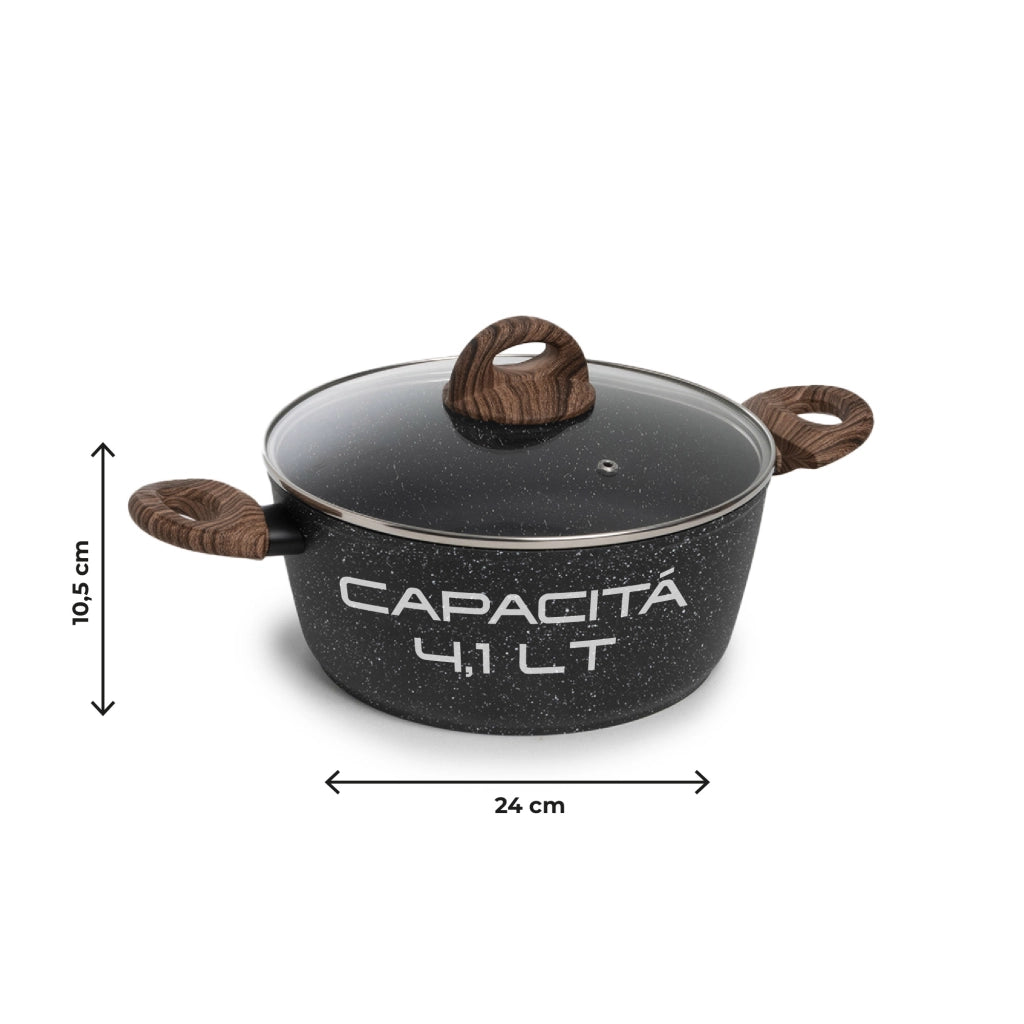 Casseruola Antiaderente con Coperchio in Vetro per Induzione 20 24 28 cm Pentola Effetto Pietra Compatibile Gas Vetroceramica e Piano Elettrico Marble 24 Cm