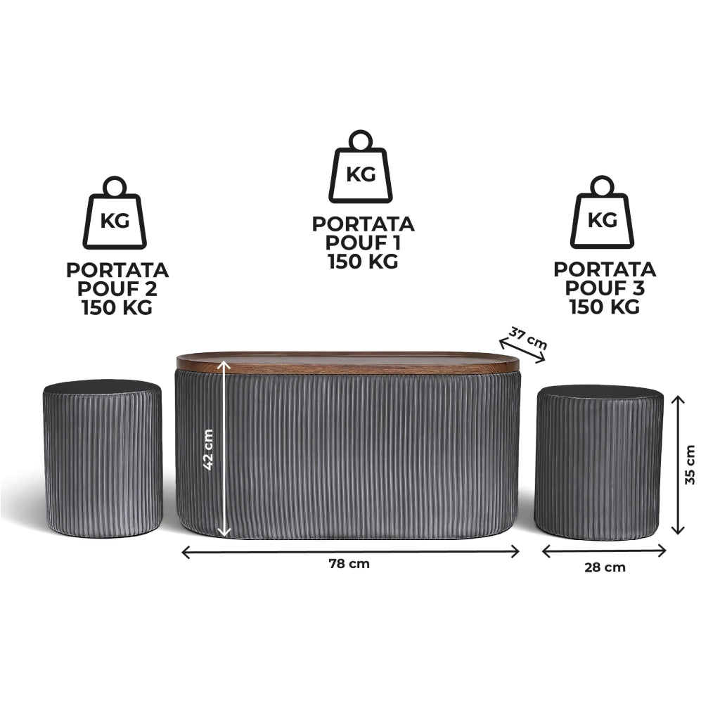 Set 3 Pouf Contenitore con Tavolino da Salotto Ovale in Velluto e Coperchio in Legno, 2 Pouf Interni Salvaspazio, Tavolino Contenitore Moderno, Seduta Imbottita Grigio Scuro