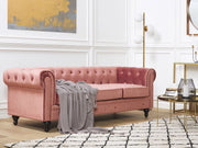 Divano Chesterfield Tessuto Velluto Rosa Rivestimento Gambe Nere 3 Posti