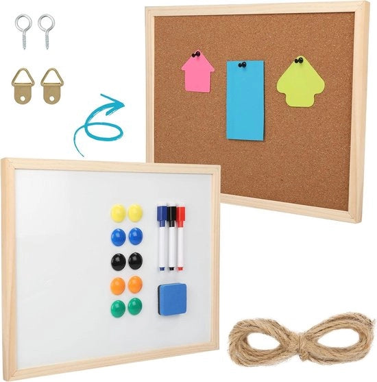 Tavola bianca e lavagna combinata - 42 x 32,5cm - Inclusi pennarelli, spille, magneti & spazzola - Doppia faccia - Ufficio, Casa & Scuola.