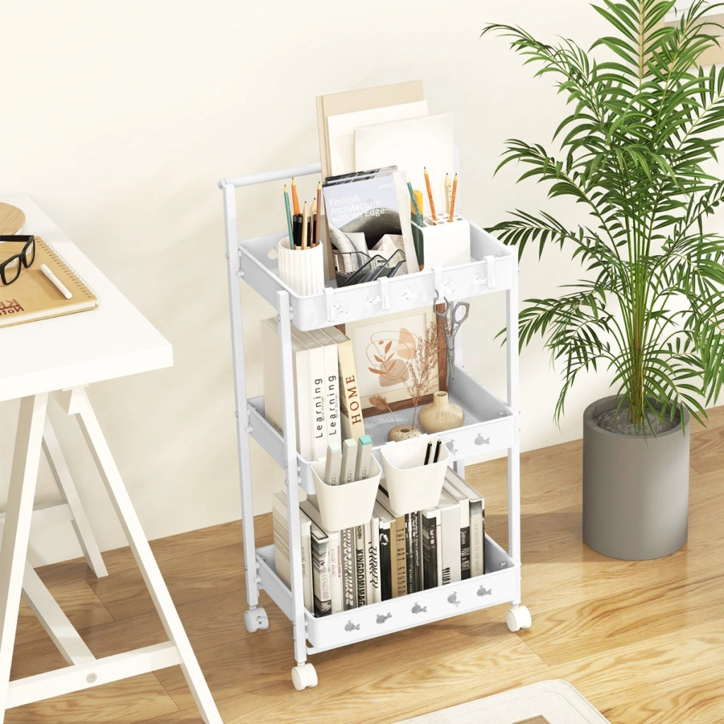 Carrello portaoggetti a 3 livelli con ruote, Carrello utilit¨¤ con 2 tazze appese e 4 ganci per soggiorno Bianco-Carrelli
