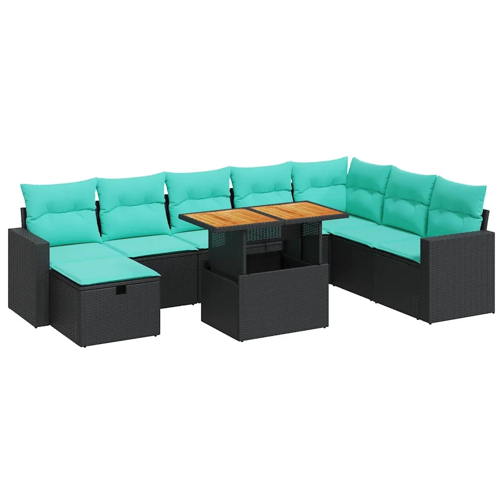Set Divani da Giardino 9 pz con Cuscini Nero Polyrattan Acacia