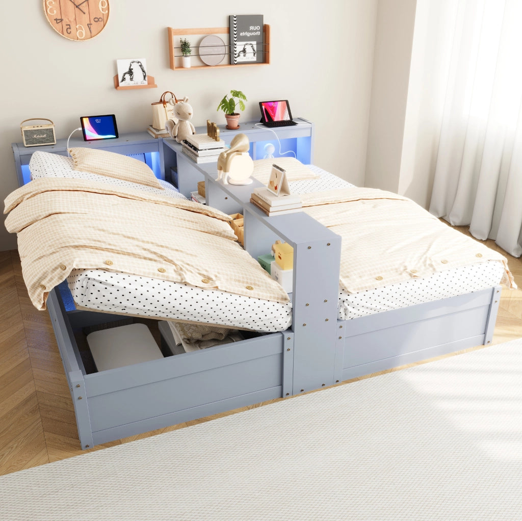Letto multifunzione 90/180x200 cm grigio con prese integrate; LED e contenitore