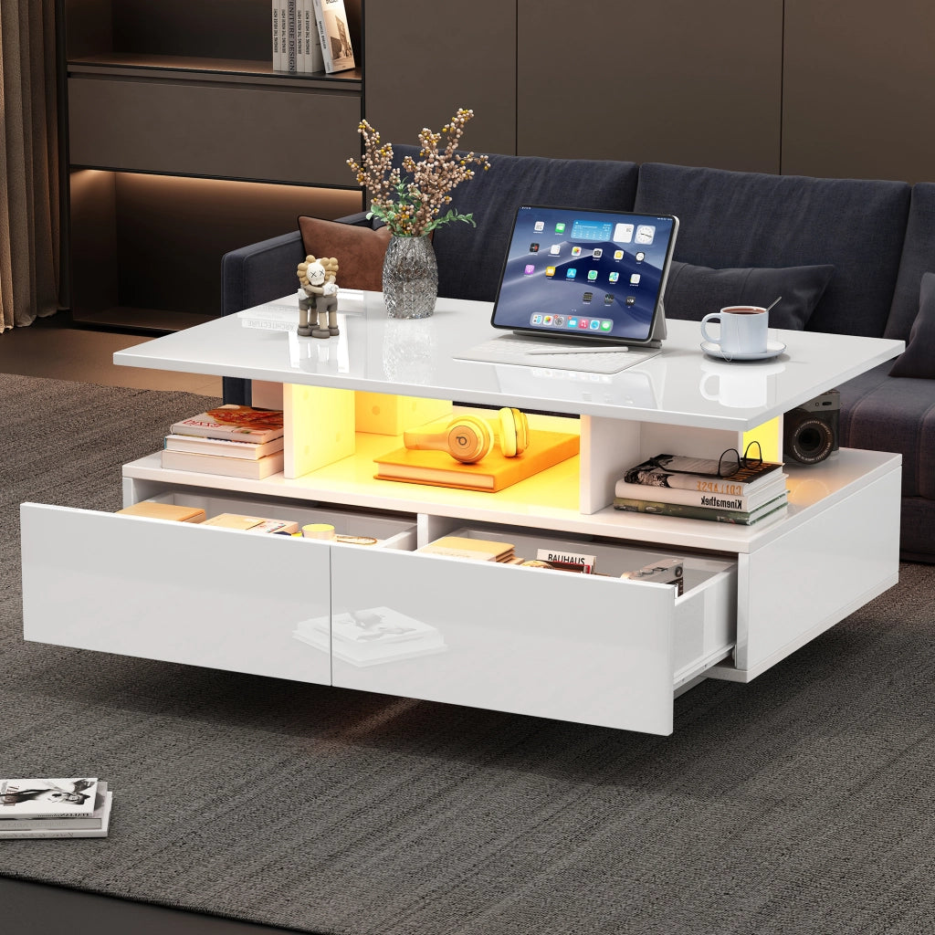 Tavolino da caffè 90x55x41 cm; con illuminazione LED e 2 cassetti; truciolato; bianco