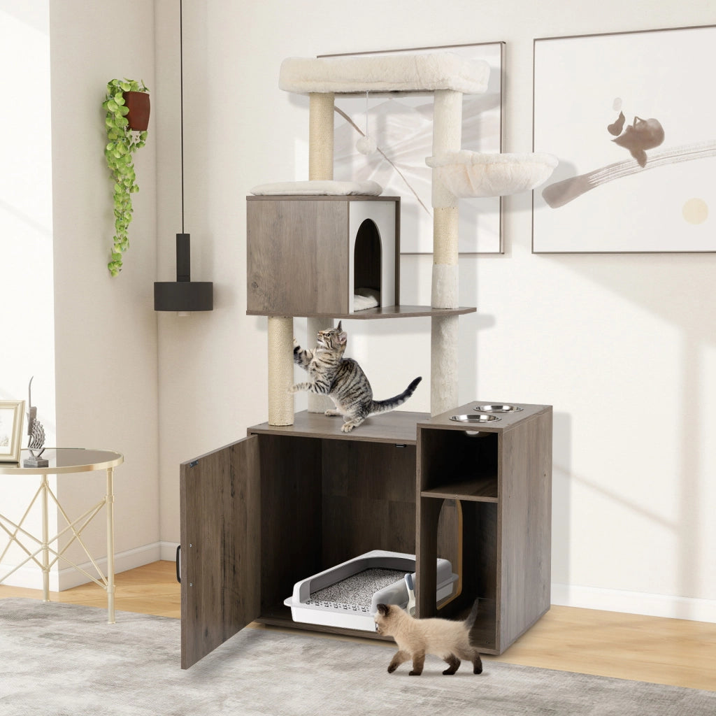 Mobiletto per lettiera per gatti-Torre d¡¯arrampicata con posto graffio in sisal e tappetino Grigio