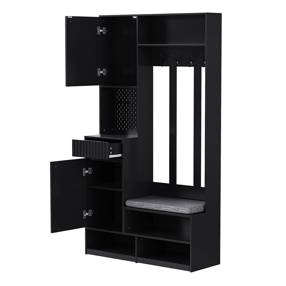 Armadio d'ingresso con panca - Xylo - 100??180??35 cm - Nero - 4 ganci, porte e cassetti