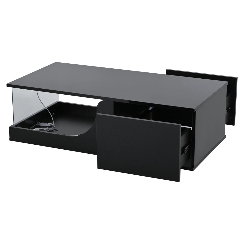 Tavolino da caffè con 2 cassetti e LED; per soggiorno; in MDF e vetro; 100 x 50 x 30 cm; nero