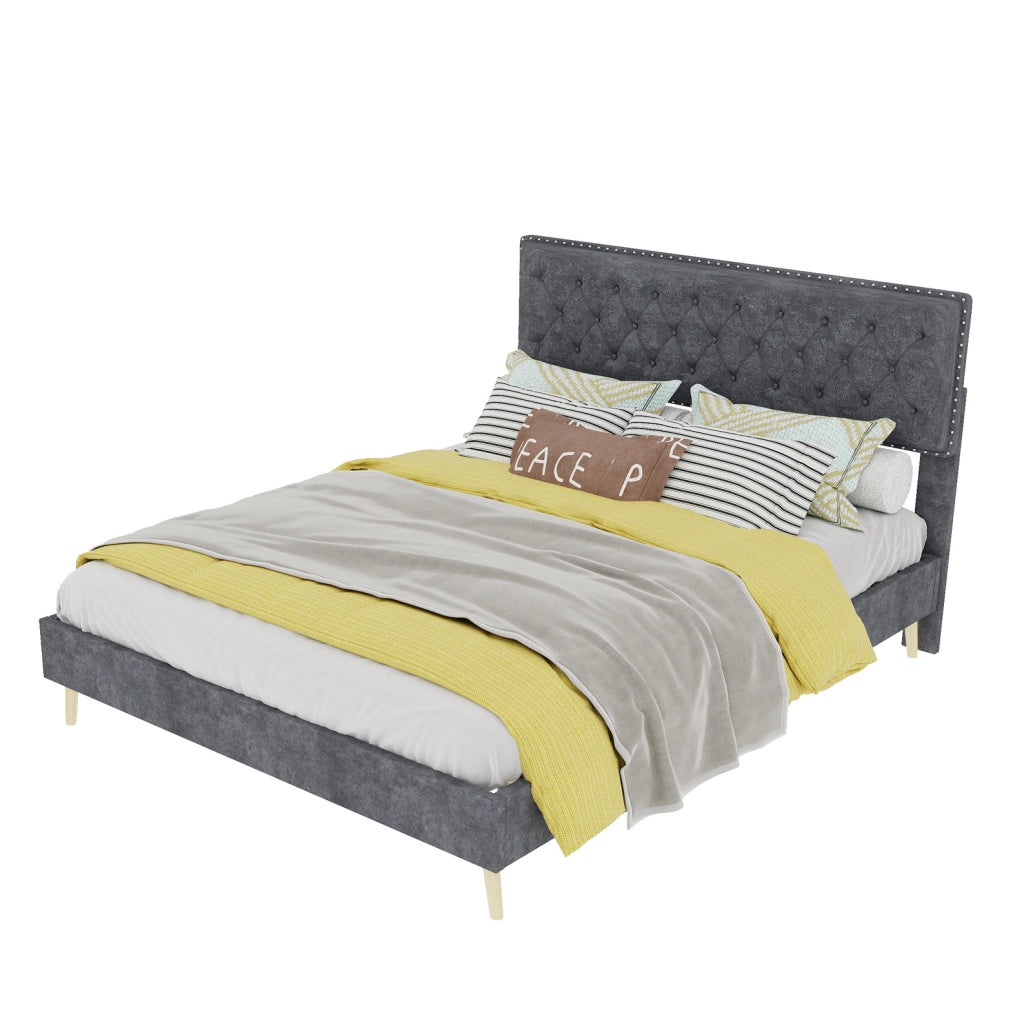 Letto imbottito 140x200 cm grigio con testiera alta e rete a doghe