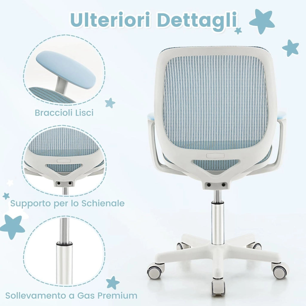 Sedia da Scrivania per Bambini, Sedia Girevole per Computer con Altezza Regolabile, Ruote con Freno, Braccioli Morbidi, Mobile Ergonomica per Bambini 6-15 Anni (Blu)