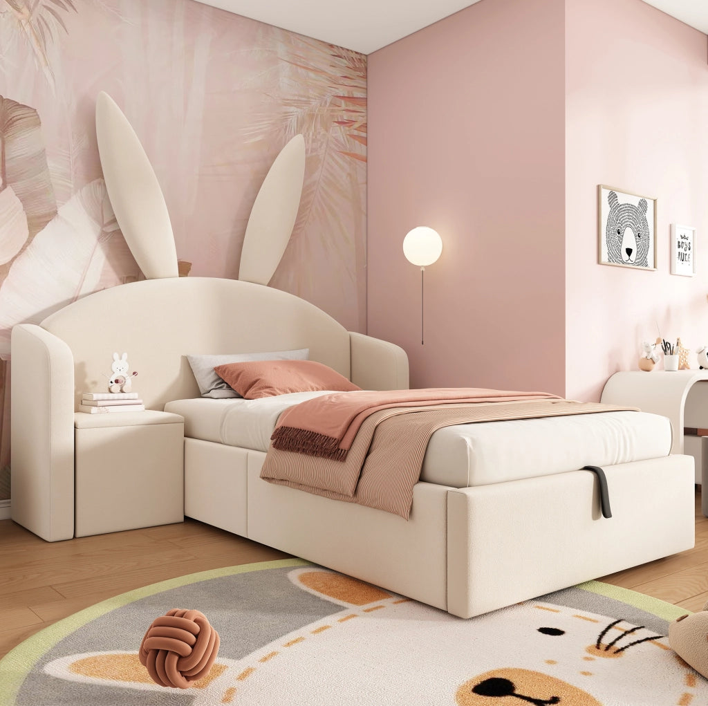 Letto junior 90x200 cm in velluto beige con contenitore; comodino integrato e design con orecchie