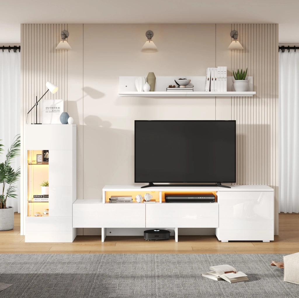 Set mobile TV 3 pezzi bianco lucido con LED e ante acriliche