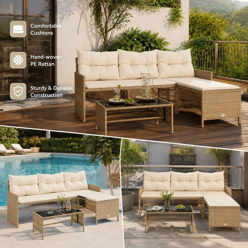 L-shaped Garden Sofa With Table And Cushions, Beige Poly Rattan