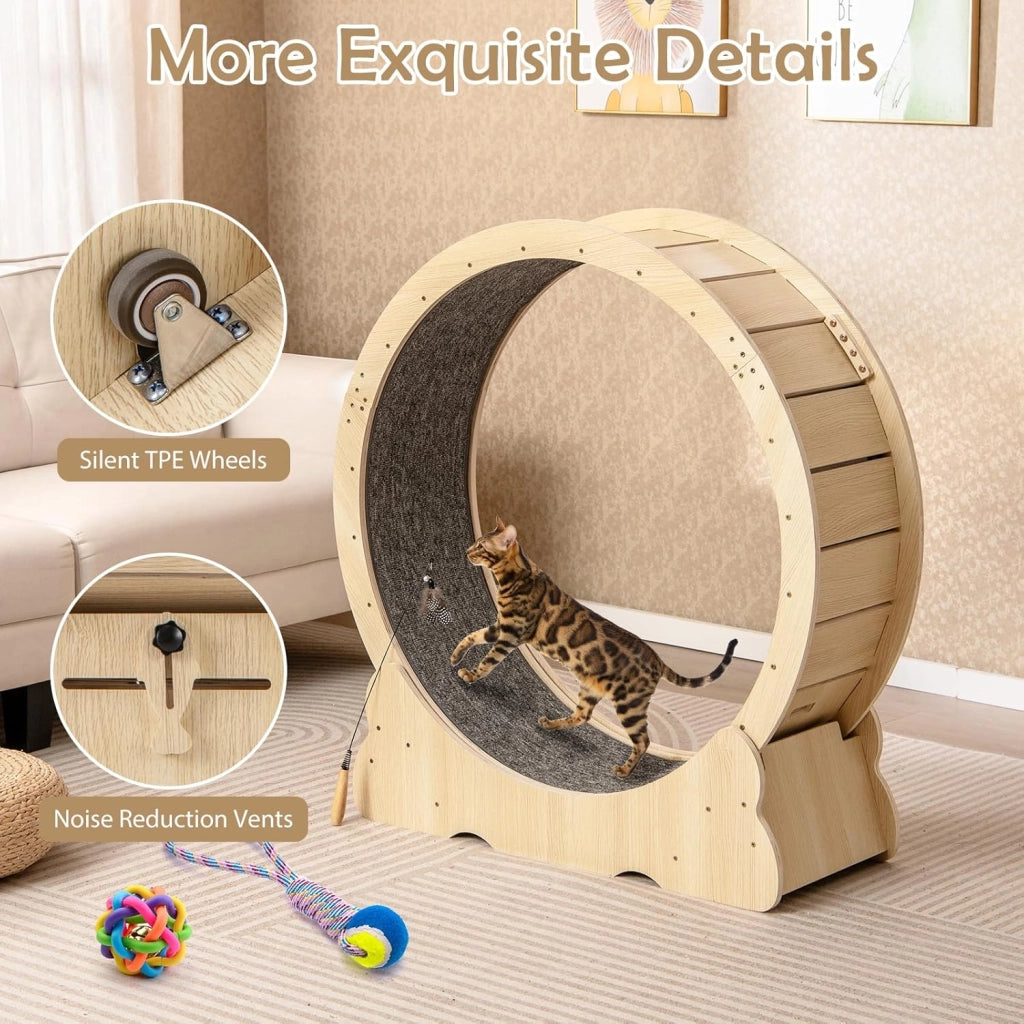 Ruota per Esercizi per Gatti 106 cm in Legno, Tapis Roulant per Gatti con Tappeto Staccabile e Bacchetta per Gatti，Ruota Corsa Allenamento Interno Silenziosa