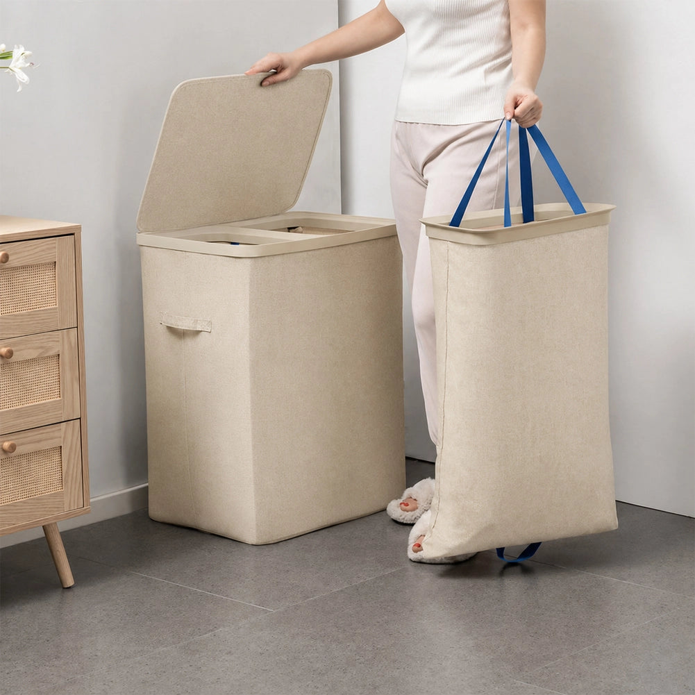 Cesto Portabiancheria Sporca con Divisorio Porta Biancheria Doppia Cesta Beige