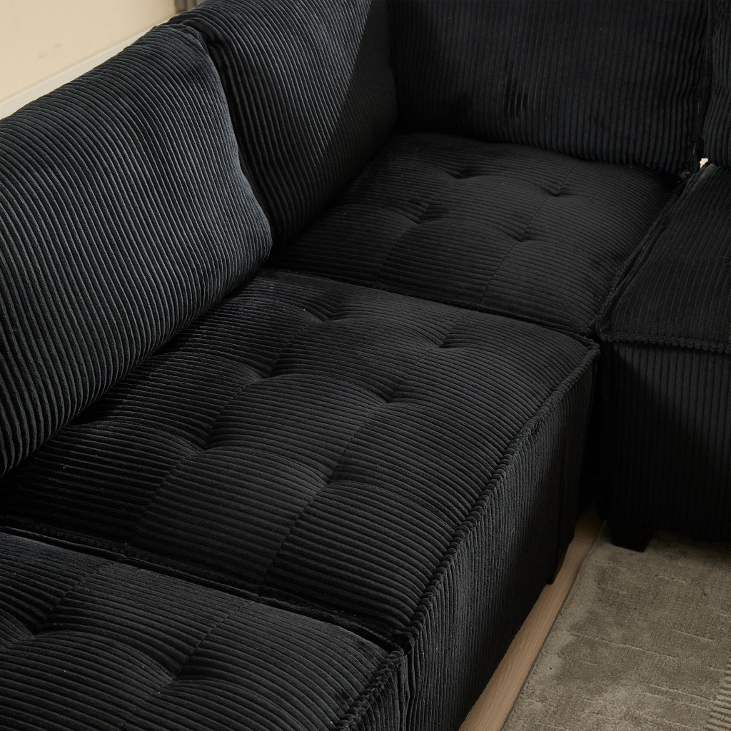 Divano Modulare 6 Posti con Tasche Laterali Design Ergonomico Convertibile a U L o Letto in Velluto a Coste Nero 308 cm