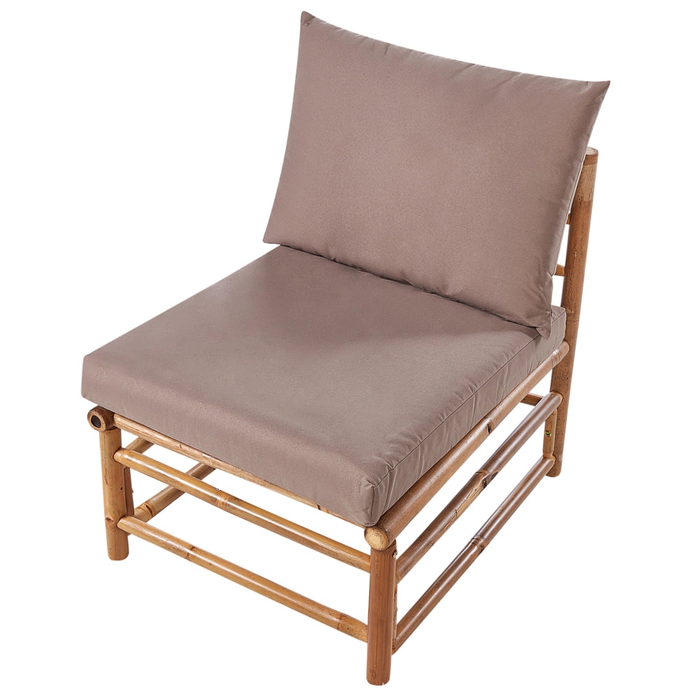 Set angolare da giardino modulare a 5 posti con divano e tavolino in bambù naturale e cuscini tortora esterno elegante