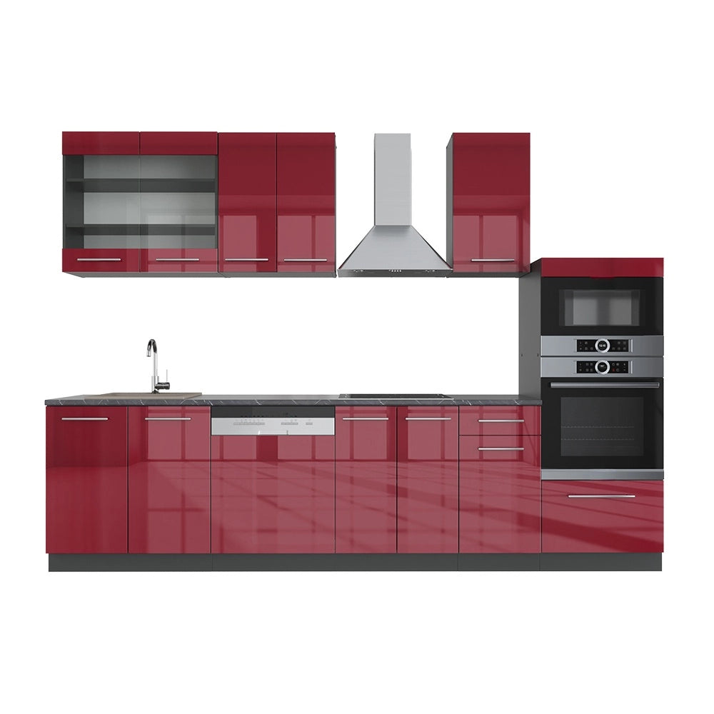 Cucina componibile Fame-Line Bordeaux lucido/Antracite 300 cm con armadio alto, PL Antracite Vicco