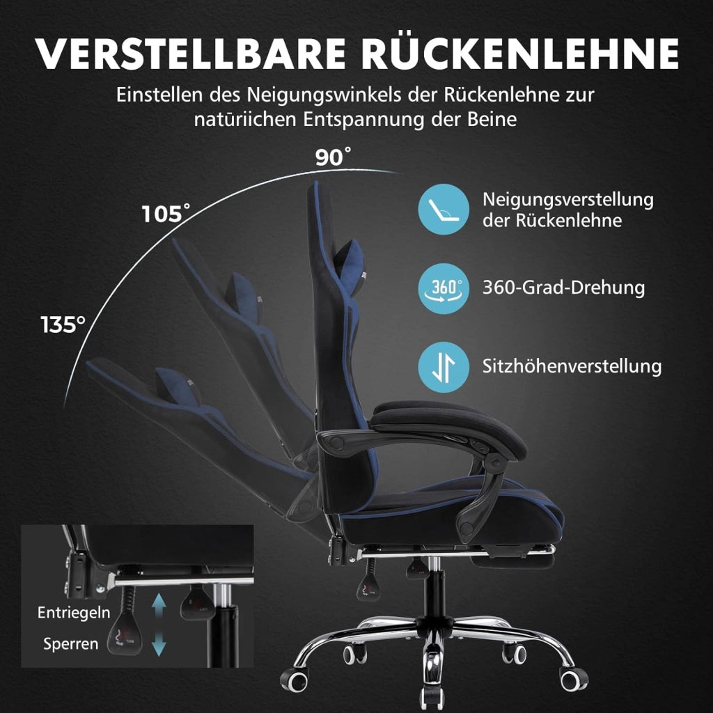 Sedia da gioco, sedia da ufficio, sedia ergonomica per PC, poltrona da gioco con supporto per massaggi, sedie task con poggiapiedi e poggiatesta, tessuto blu