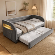 Letto singolo imbottito 90 × 200 cm con letto estraibile e LED multicolore, in flanella grigia