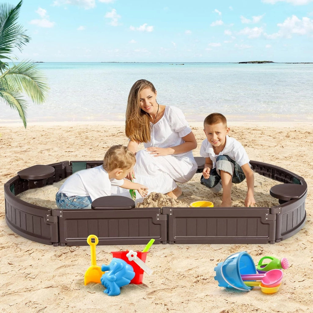 Sabbiera per Bambini con Coperchio Impermeabile, con 4 Sedie, Ideale per Giardino, Cortile e Spiaggia,183 x 105 x 21 cm, Marrone