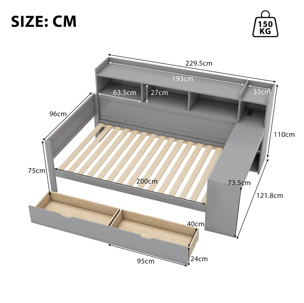 Letto 90x200 cm con scrivania, USB, presa e 2 cassetti grigio