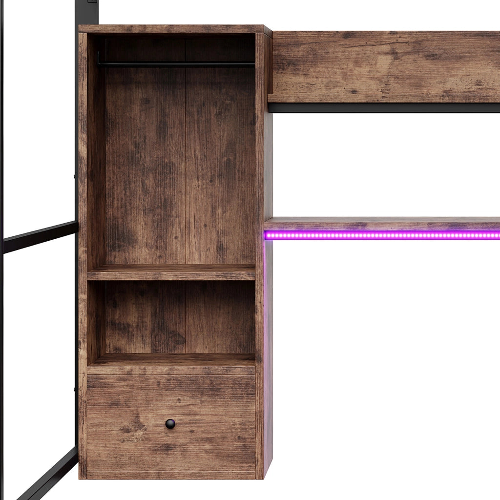 Letto a castello nero in metallo e MDF con illuminazione LED scrivania cassetti scaffali 90x200cm