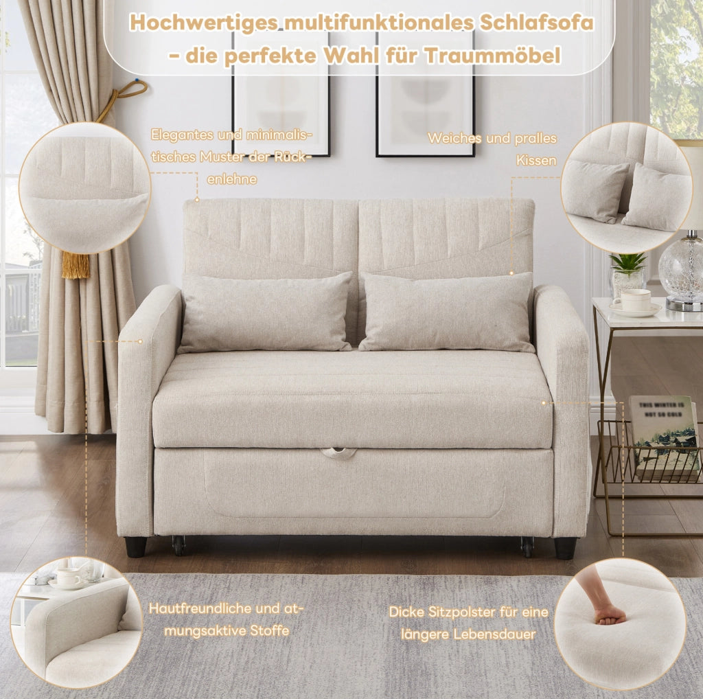 Divano letto 2 posti estraibile con schienale regolabile a 3 posizioni; cotone-lino beige