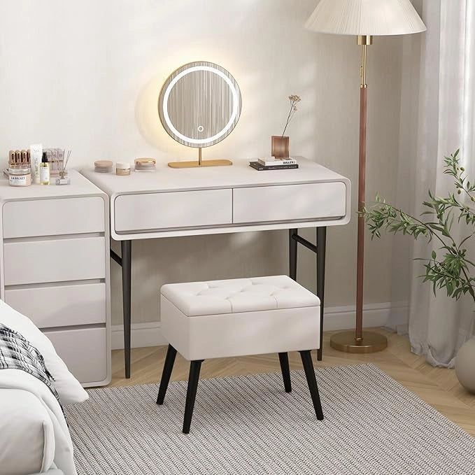 Sgabello da Toeletta con Contenitore, Pouf in Velluto con Gambe in Legno Massello & Seduta Imbottita per Cambio Scarpe, Poggiapiedi Moderno per Camera da Trucco, Ingresso (Beige)