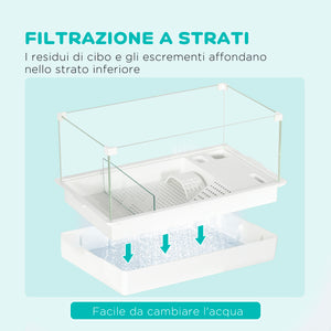 Vasca per Tartarughe 51x31x25,5 cm con Filtro a 3 Livelli e Pannelli in Vetro e ABS Bianco