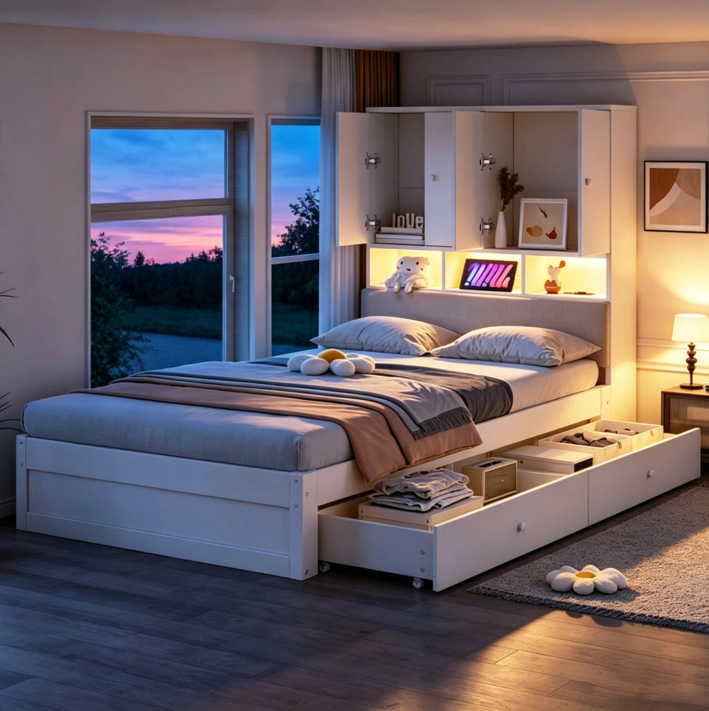 Letto singolo multifunzionale con contenimento, LED e presa integrata