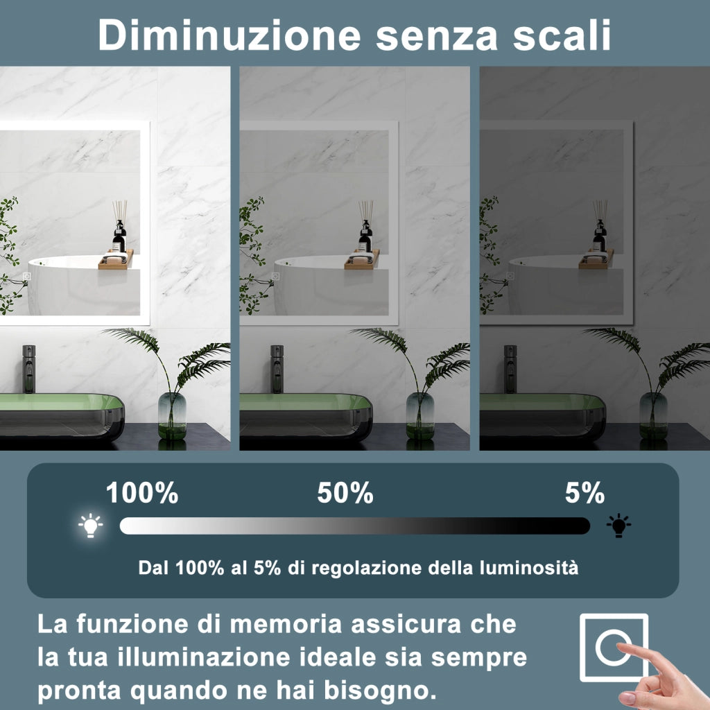 AICA Specchio 90x70cm,3 colori,Memoria, Antifog,Regorabile,Retroilluminato,doppio interruttore
